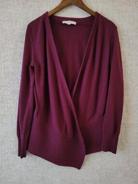 LOFT Burgundy Draped Shawl Collar Asymmetrical Open Cardigan Sweater Medium